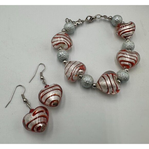 Glass Heart Bead Bracelet Earrings Set Silver Tone Red Swirl Pierced 7 Inch - Picture 1 of 11